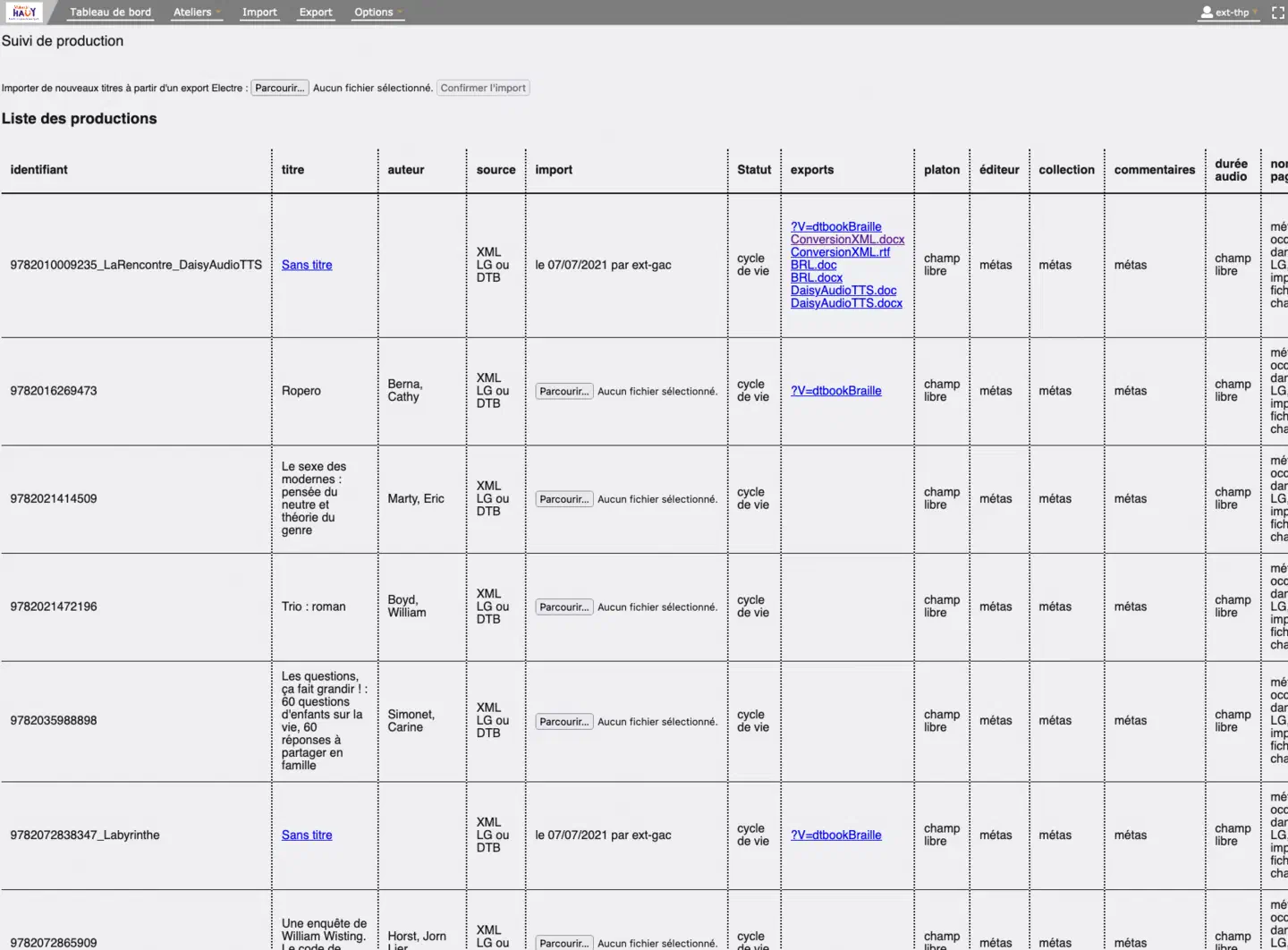 L’accueil des publications, avec les fonctionnalités d’import de masse, et par publication (juillet 2021).