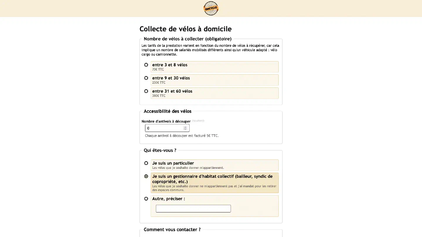 Exemple d'un formulaire de collecte de vélos à domicile (habitat privé ou collectif)