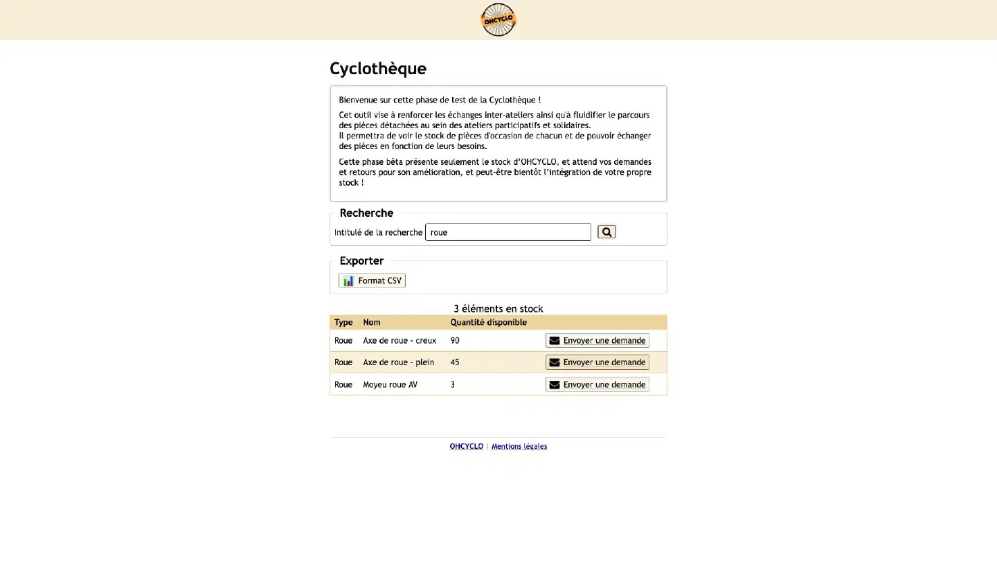 Exemple d'une recherche de pièce dans un stock de cyclothèque