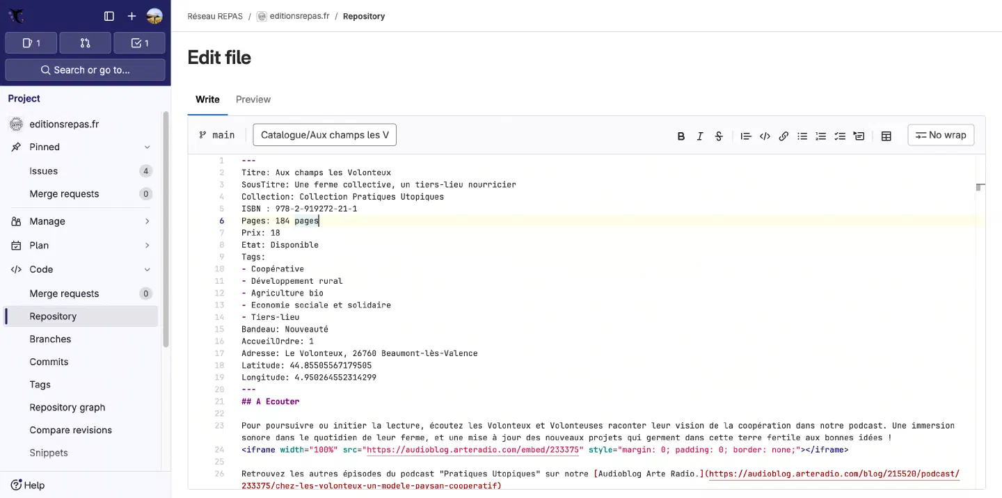 Exemple d’interface de contribution basée sur GitLab.