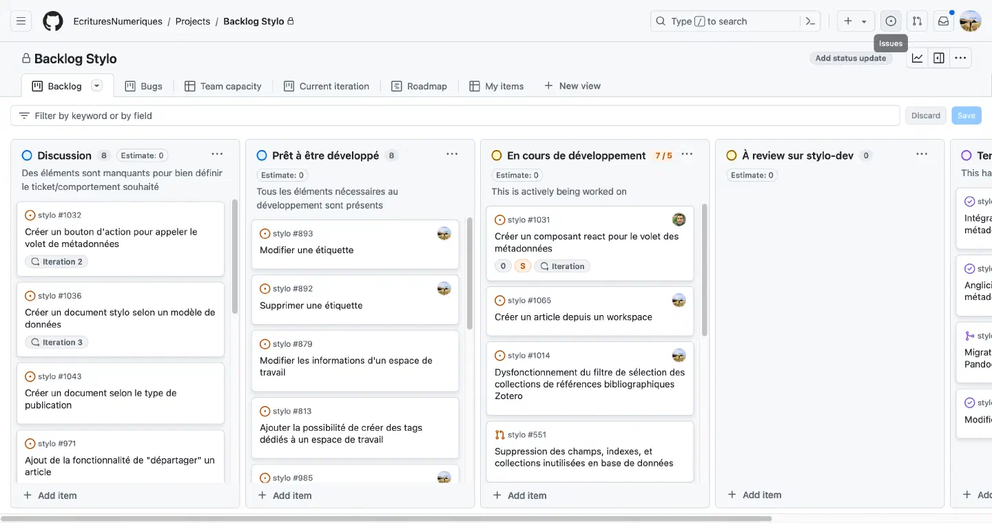 Application d’une organisation en Kanban (ici, avec l’outil GitHub Projects pour le projet Stylo).