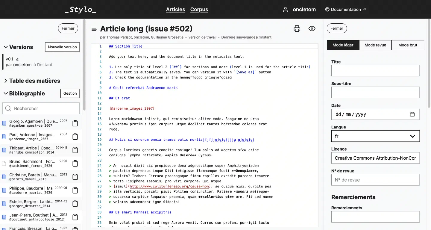 Interface d’écriture collaborative avec gestion bibliographique et de métadonnées.